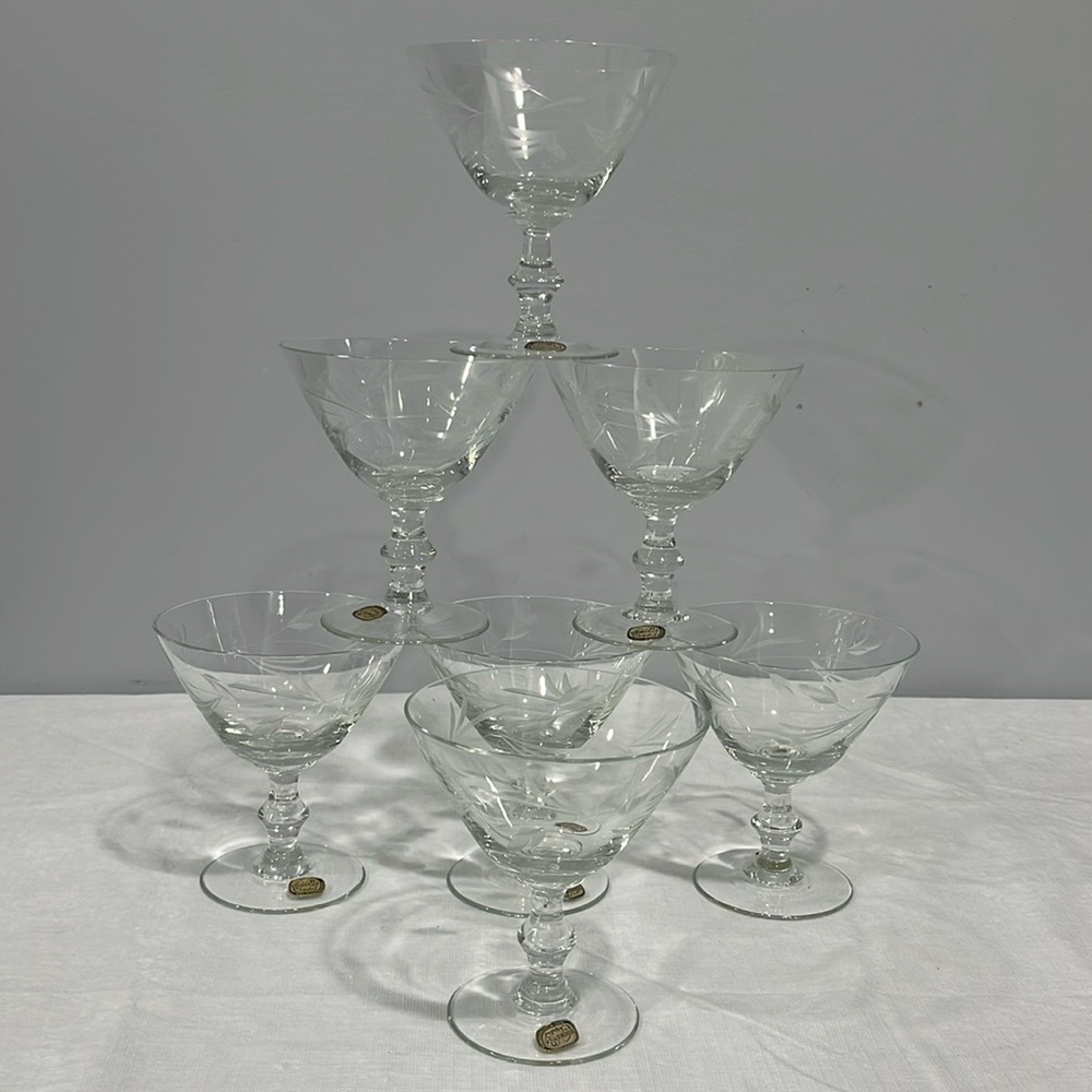 Vintage MCM Bohemia crystal etched champagne sorbet cocktails glasses set of 7